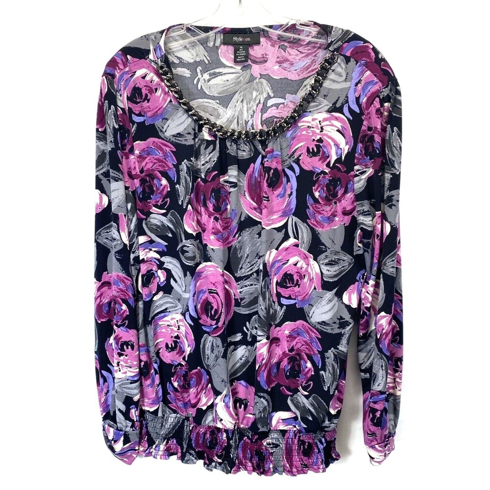 Style & Co. Women Blouse Sz XL Floral Print Long Puff Sleeve Chain Neck Stretch
